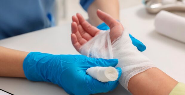 Nurse bandaging wrist